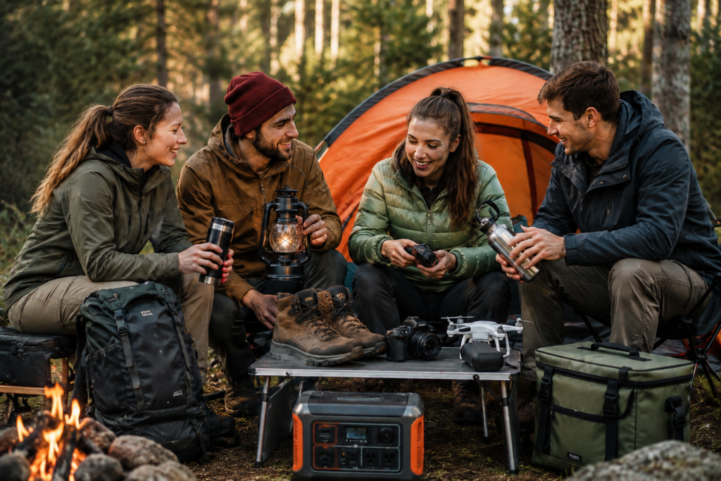 Group of outdoor enthusiasts discussing camping gear around a campsite while holding various products including lanterns, bottles, cookware, and gadgets during BFD Black Friday Deals season.