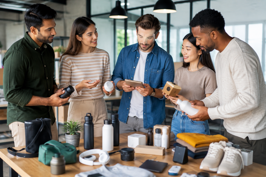 Diverse team reviewing and comparing products including water bottles, electronics, accessories, clothing, and lifestyle items during BFD Black Friday Deals shopping research.