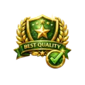 Gold and green Best Quality verified badge with shield, stars, laurel wreath, and checkmark symbol representing trusted recommendations and quality assurance.