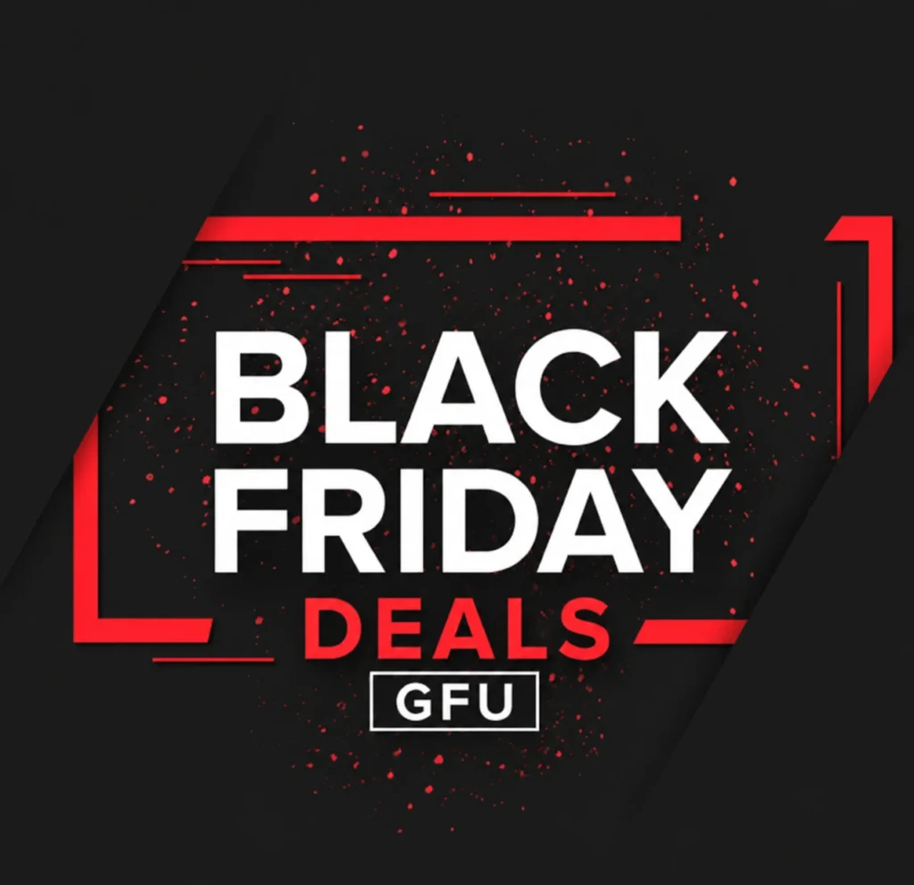 Modern black and red promotional banner featuring bold “BLACK FRIDAY DEALS” text with a GFU label underneath, surrounded by dynamic red graphic accents on a dark background.