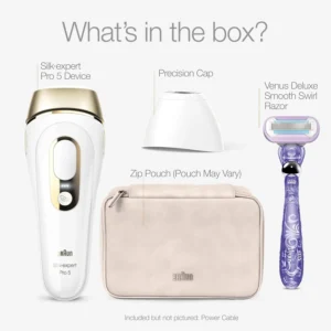 Braun Silk·Expert Pro 5 package includes IPL device, precision cap, razor, pouch and power cable
