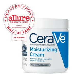 CeraVe Moisturizing Cream jar with three essential ceramides for normal to dry skin hydration and barrier support.