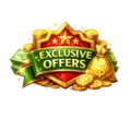 Gold and green Exclusive Offers badge with stars, coins, cash bundles, and money bag symbolizing special deals, discounts, savings, and promotional offers.