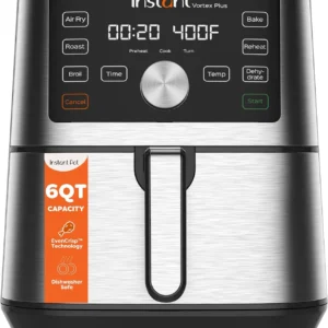 Instant Pot Vortex Plus 6QT Air Fryer front view with digital display and stainless steel exterior