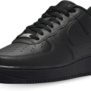 Angled front view of Nike Air Force 1 '07 black low-top sneaker featuring leather upper and Air cushioning.