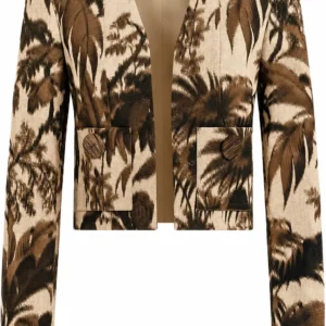 Front view of Oscar de la Renta Chiné Palm Leaves Jacket in Espresso Ivory