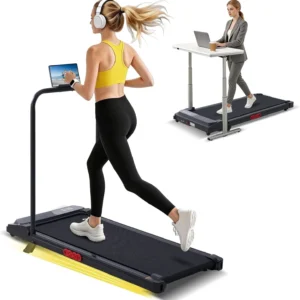 Woman exercising on a portable walking pad treadmill with handlebar support.