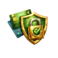 Gold and green security badge with shield, padlock, verification checkmark, and payment cards representing trust, reliability, verified recommendations, and consumer confidence.