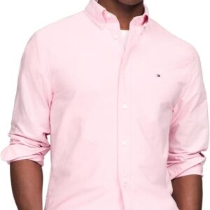 Tommy Hilfiger Men's Long Sleeve Oxford Shirt Regular Fit Button Down Shirt in Classic Pink