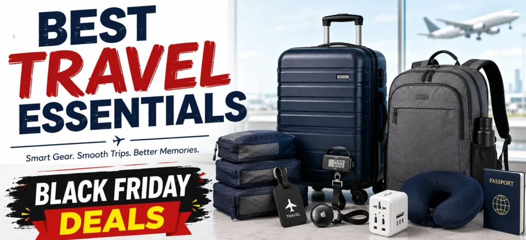 Best travel essentials including carry-on luggage, travel backpack, packing cubes, luggage tag, AirTag, travel pillow, and Black Friday Deals 2026