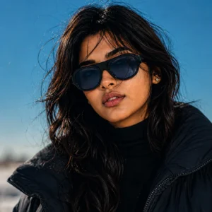 Young woman wearing oversized black sunglasses, a black turtleneck, and a black puffer jacket outdoors against a clear blue sky with wind-blown hair.