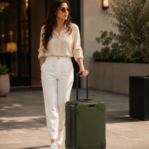 Woman walking with Briggs & Riley olive green hard-shell carry-on spinner luggage outside a modern luxury building.