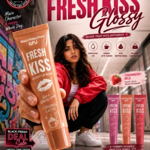 GFU promotional banner featuring Fresh Kiss Glossy Lip Balm Strawberry Milk with moisturizing glossy lip care benefits.