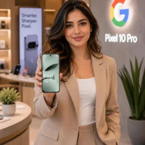Google Pixel 10 Pro displayed by a woman inside a modern Google Store showcasing the flagship Android smartphone