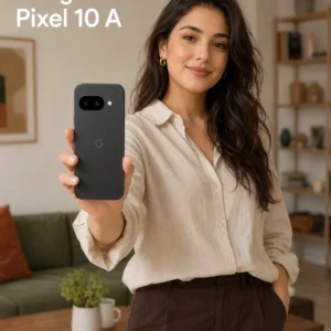 A smiling young woman holding a Google Pixel 10A smartphone in a modern living room, showcasing the device in a clean lifestyle promotional advertisement.
