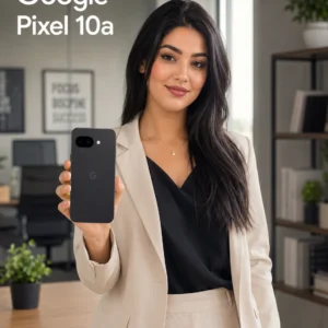 A professional businesswoman showcases the Google Pixel 10a 128 gb in a modern office, highlighting its premium design and minimalist aesthetic.