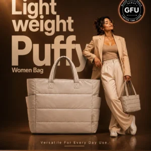 Lightweight puffy women's tote bag in beige with a fashion model, designed for everyday use, travel, work, shopping, and casual carry.