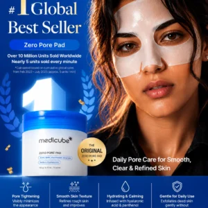Woman using Medicube Zero Pore Pad with glowing skin in a promotional image highlighting pore tightening, smooth texture, and daily skincare benefits.