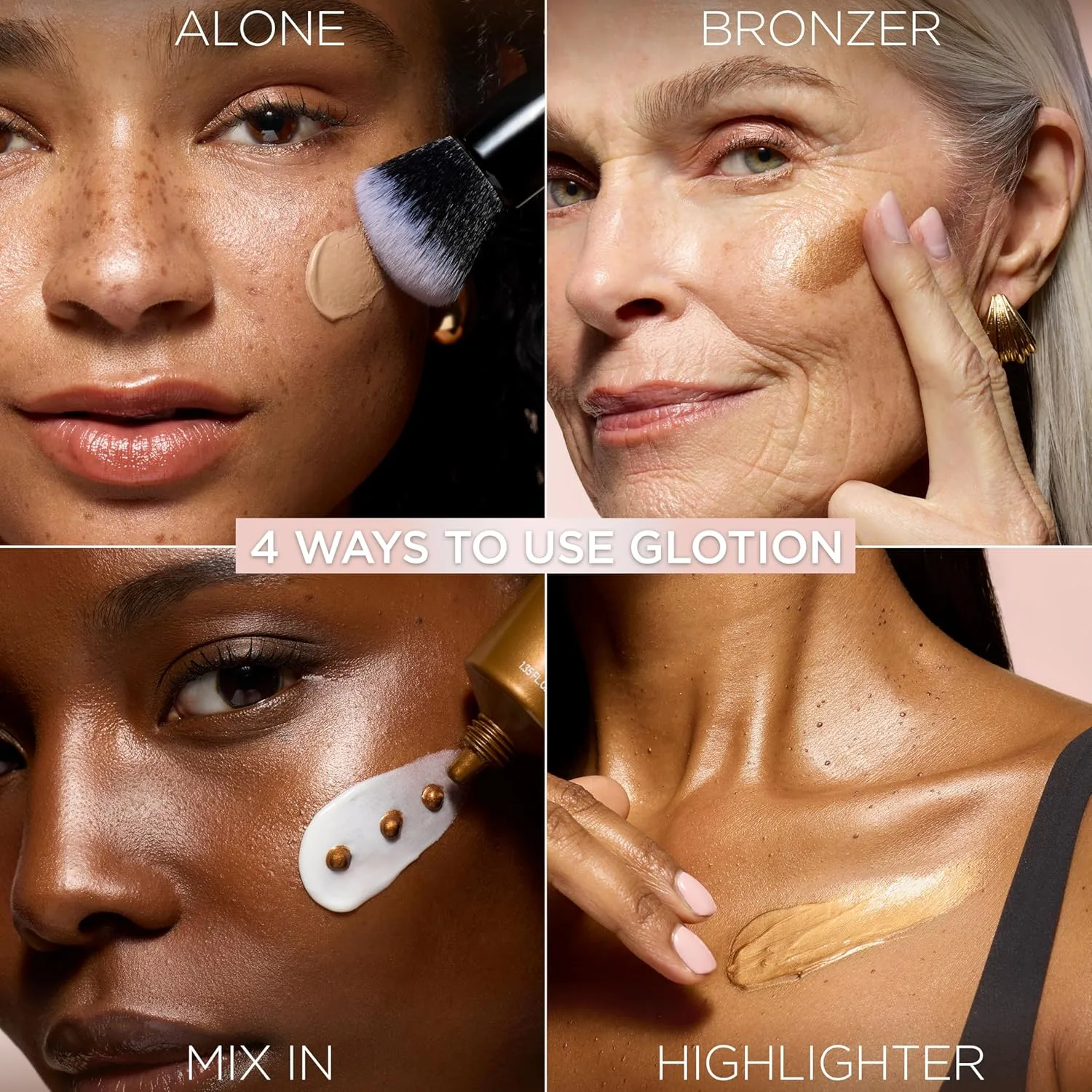 Four ways to use L’Oréal Lumi Glotion as bronzer, mixed with makeup, and as highlighter