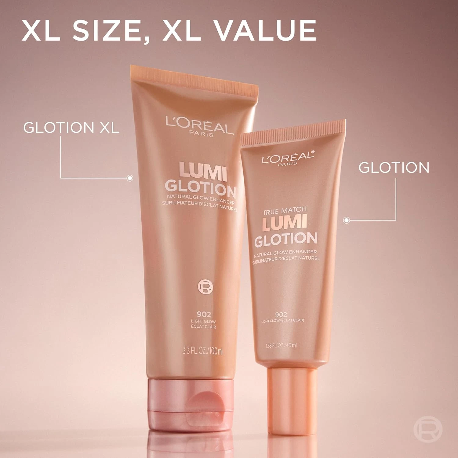 Model holding L’Oréal True Match Lumi Glotion with multiple shades displayed