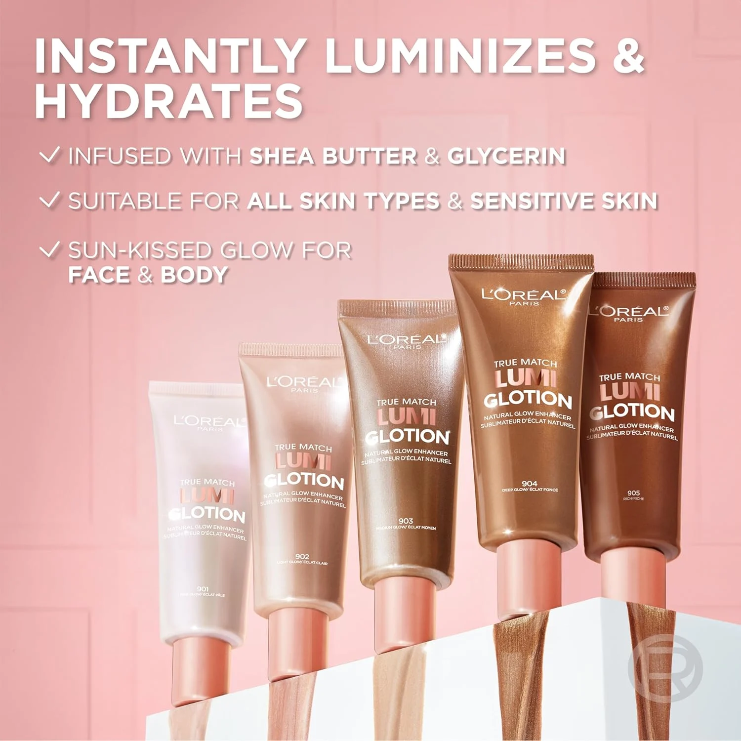 L’Oréal True Match Lumi Glotion tubes showing hydrating and illuminating benefits