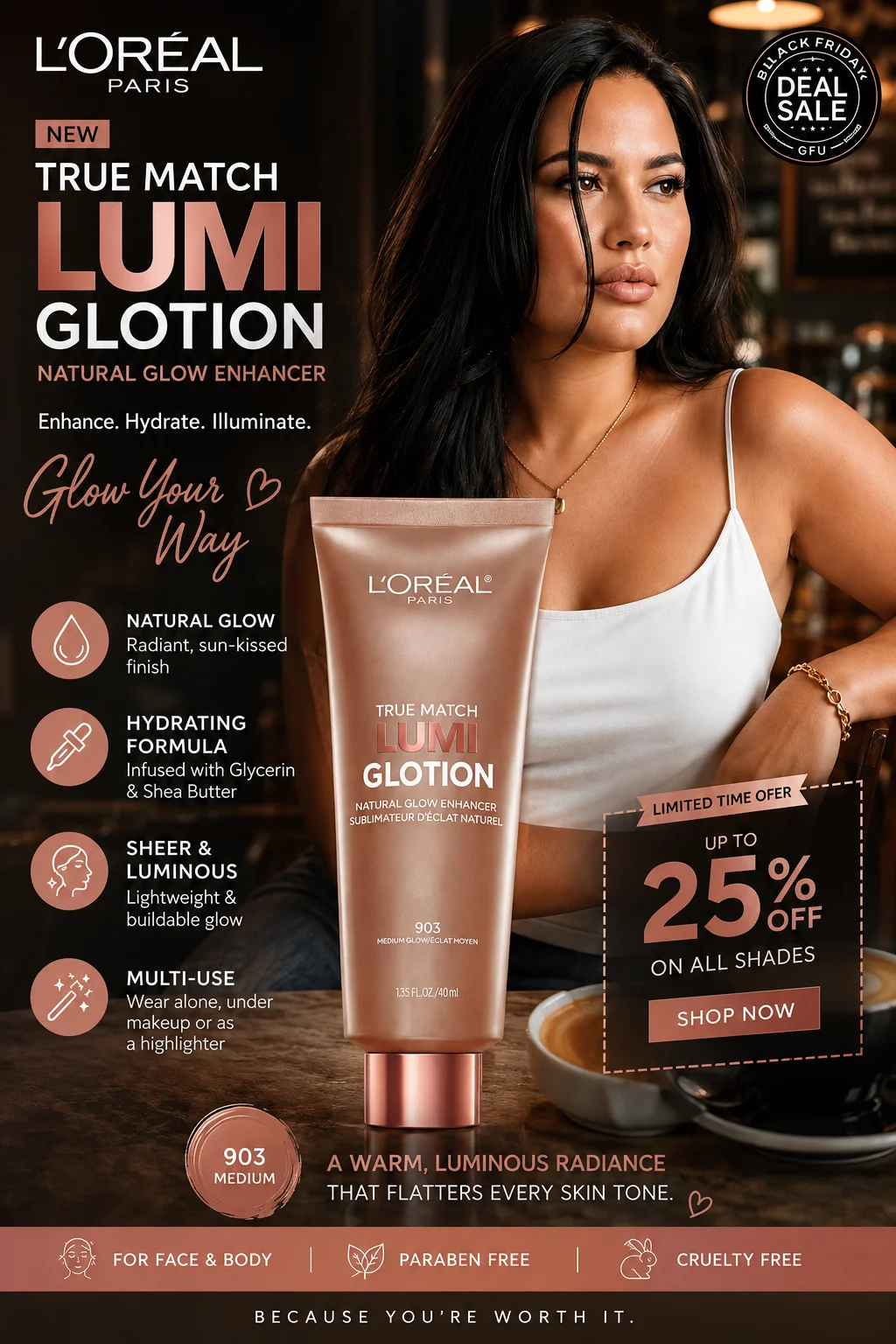 L’Oréal Paris True Match Lumi Glotion natural glow enhancer promotional Black Friday sale image featuring shade 903 Medium