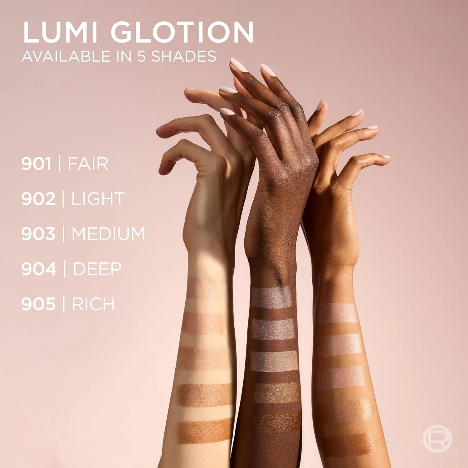 L’Oréal True Match Lumi Glotion shown in five shades from fair to rich